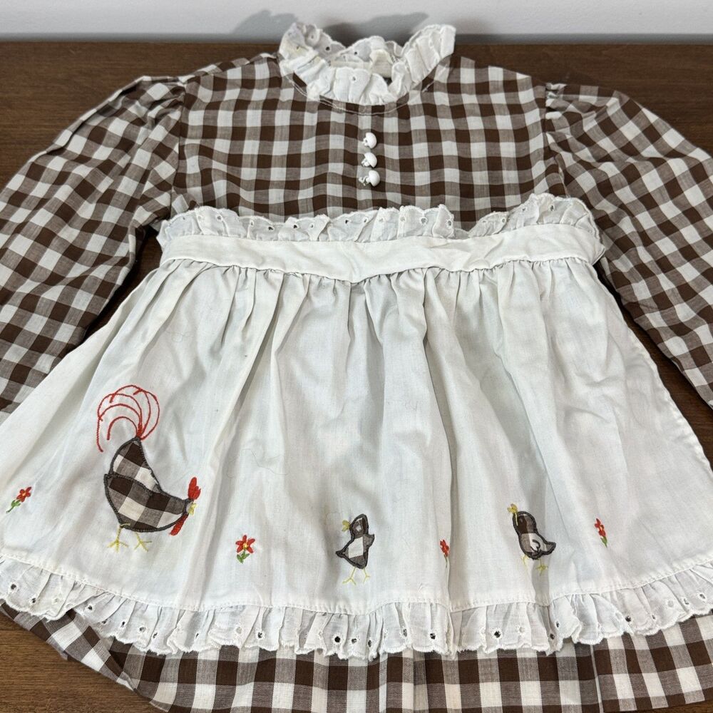 Nannette Vintage Girls Brown Gingham Chicken Embroidered Ruffle Apron Dress